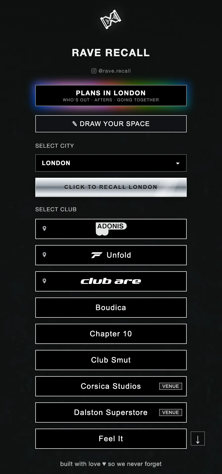 The Rave Recall home screen on a phone, with Plans in London, Draw your space and a list of London clubs.
